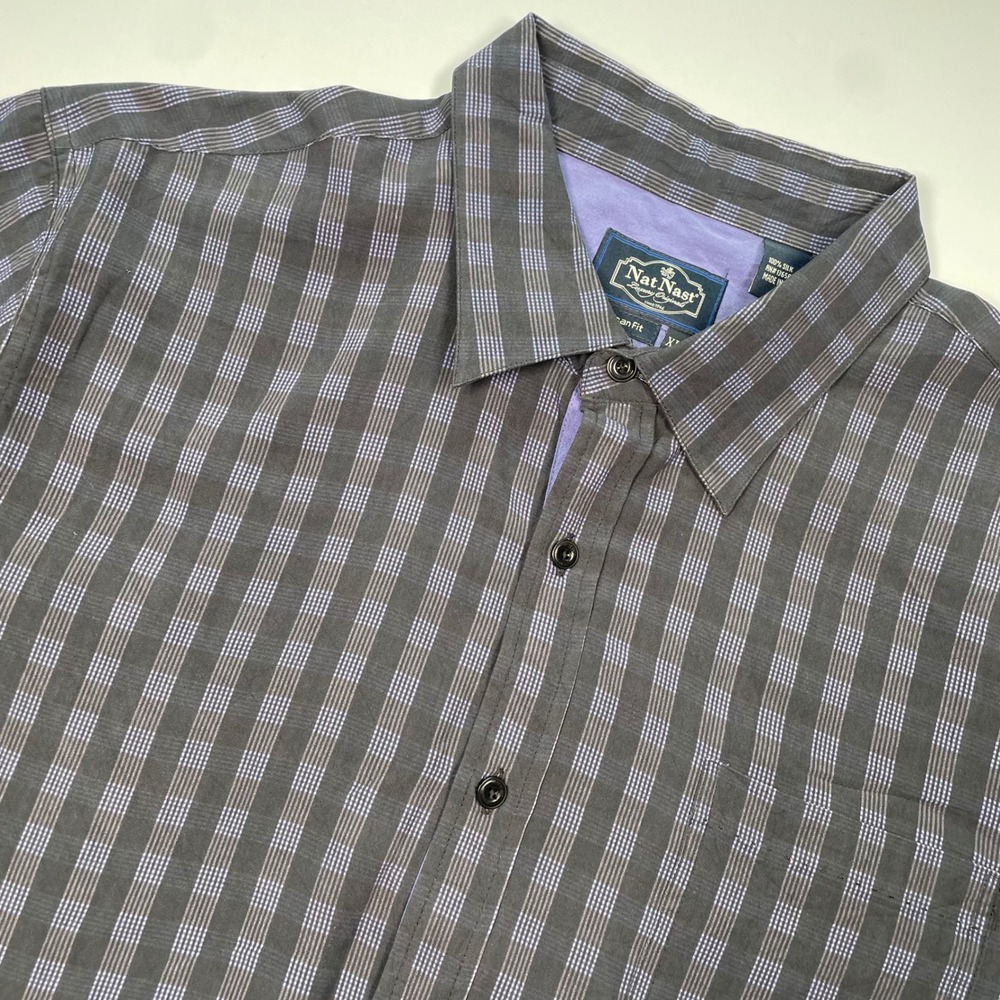 Nat Nast Luxury Originals Mens XL Silk Short Sleeve Plaid Shirt Grey Purple